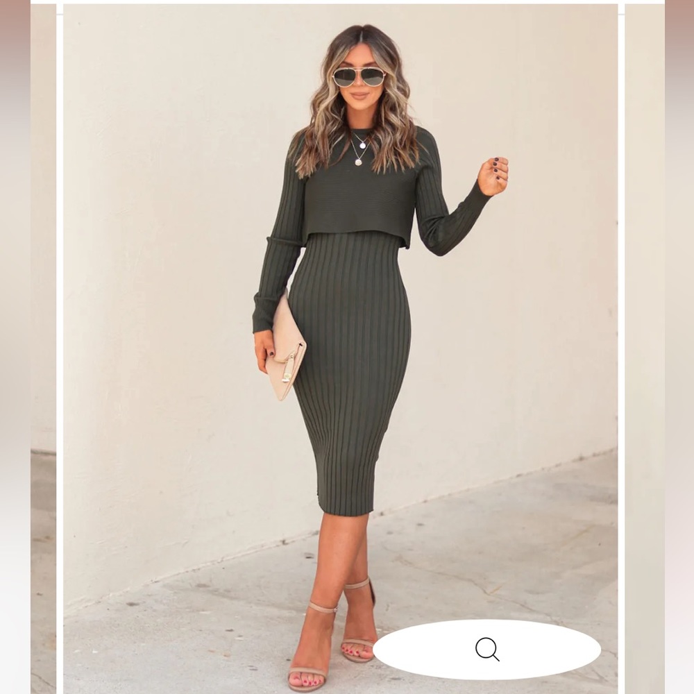VICI FULL OF SURPRISES RIBBED KNIT MIDI DRESS - DARK OLIVE